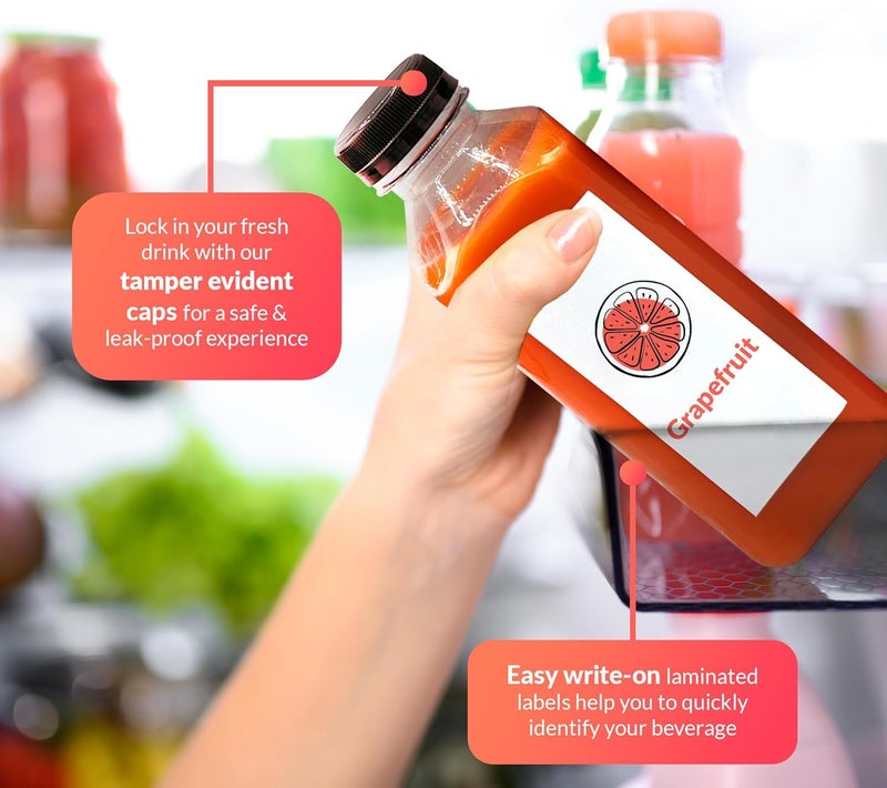 Reli. . Plastic Juice Bottles [12 Pack] [16 oz] Square 16 oz Plastic Bottles with Caps & Sticker Labels | Clear, Empty for Drinks 16oz | Disposable, Reusable Containers for Juicing, Smoothies - Image 4